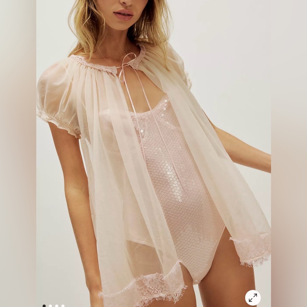 Free People Sheer Blush Pink Sequin Bodysuit & Robe Set